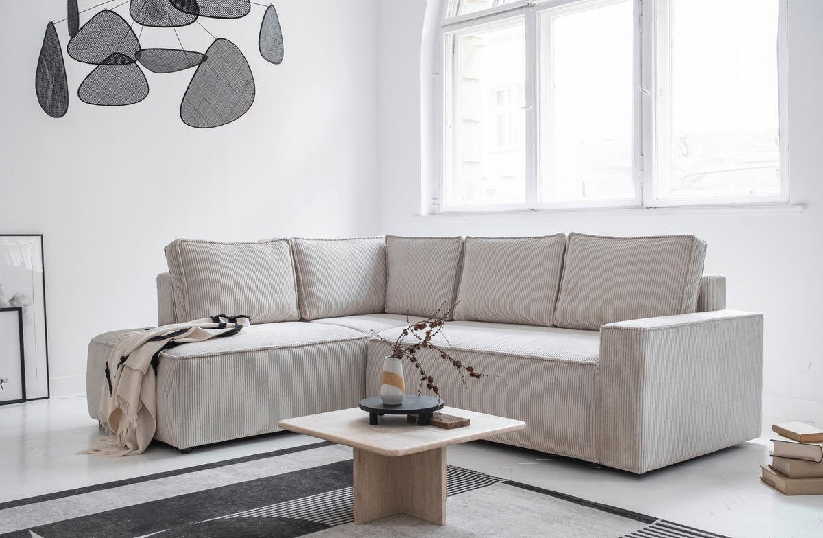 ECKSOFA in Cord Beige  - Beige/Schwarz, Design, Kunststoff/Textil (194/247cm) - MID.YOU