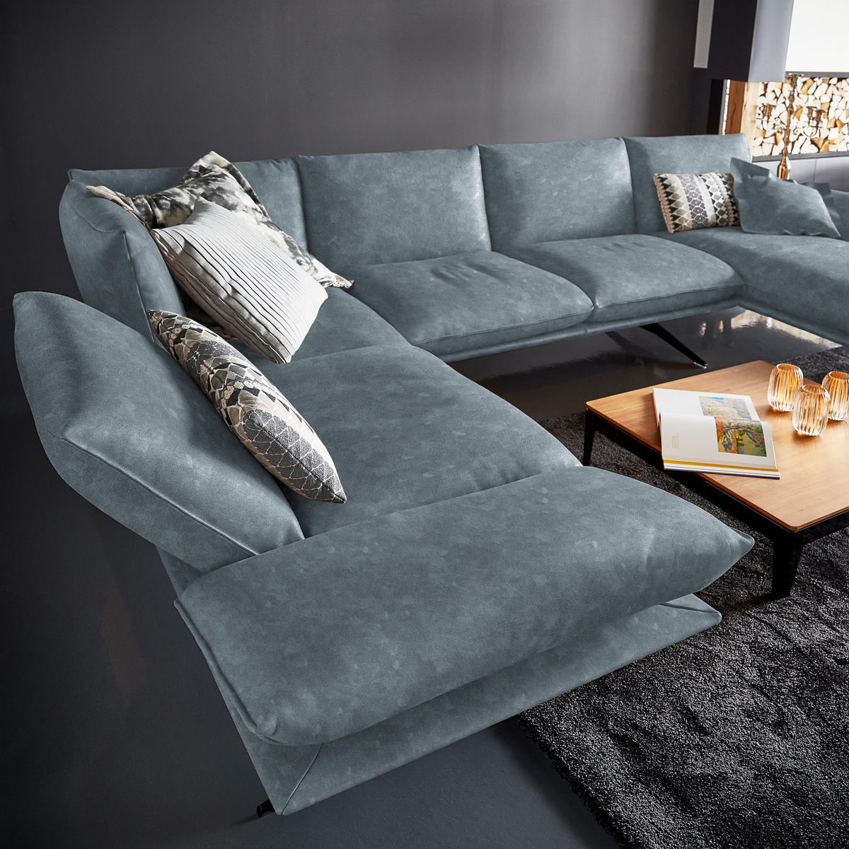 WOHNLANDSCHAFT  in Echtleder Blau  - Blau/Schwarz, Natur, Leder/Metall (217/359/155cm) - Dieter Knoll