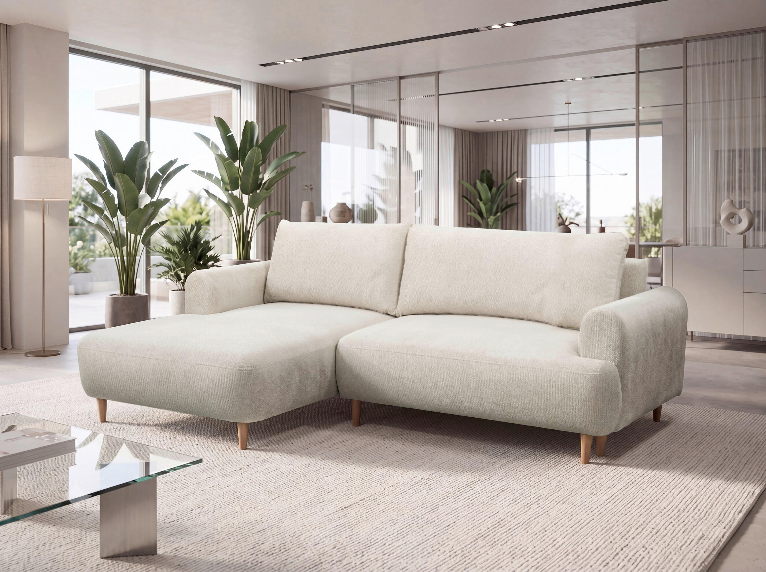 ECKSOFA VIRA Beige Struktur Rückenkissen, Bettkasten, Liegefläche im Originalstoff  - Beige/Naturfarben, Design, Holz/Textil (150/230cm) - MID.YOU