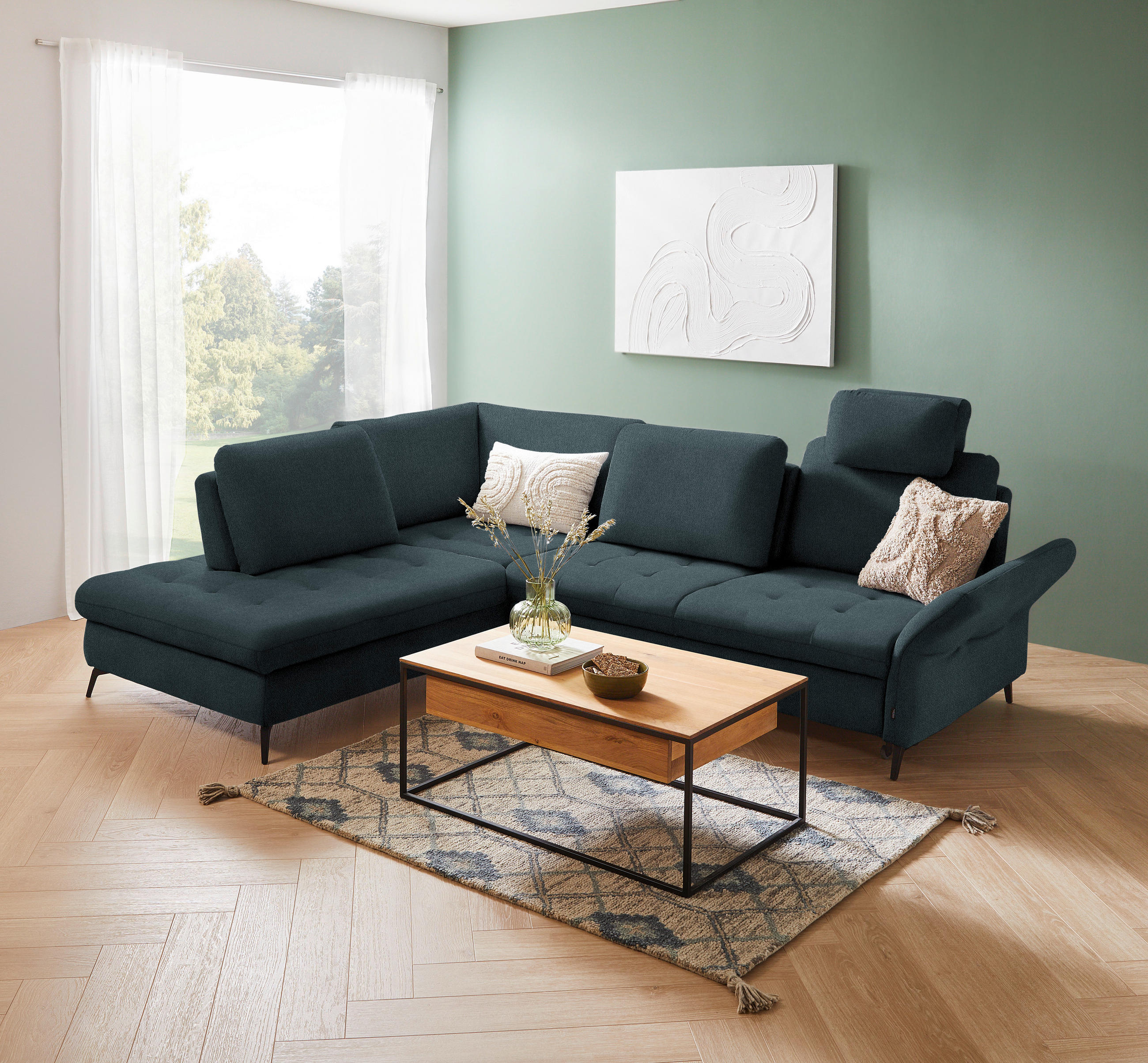 ECKSOFA in Flachgewebe Blau  - Blau/Schwarz, Natur, Textil/Metall (233/288cm) - Valnatura