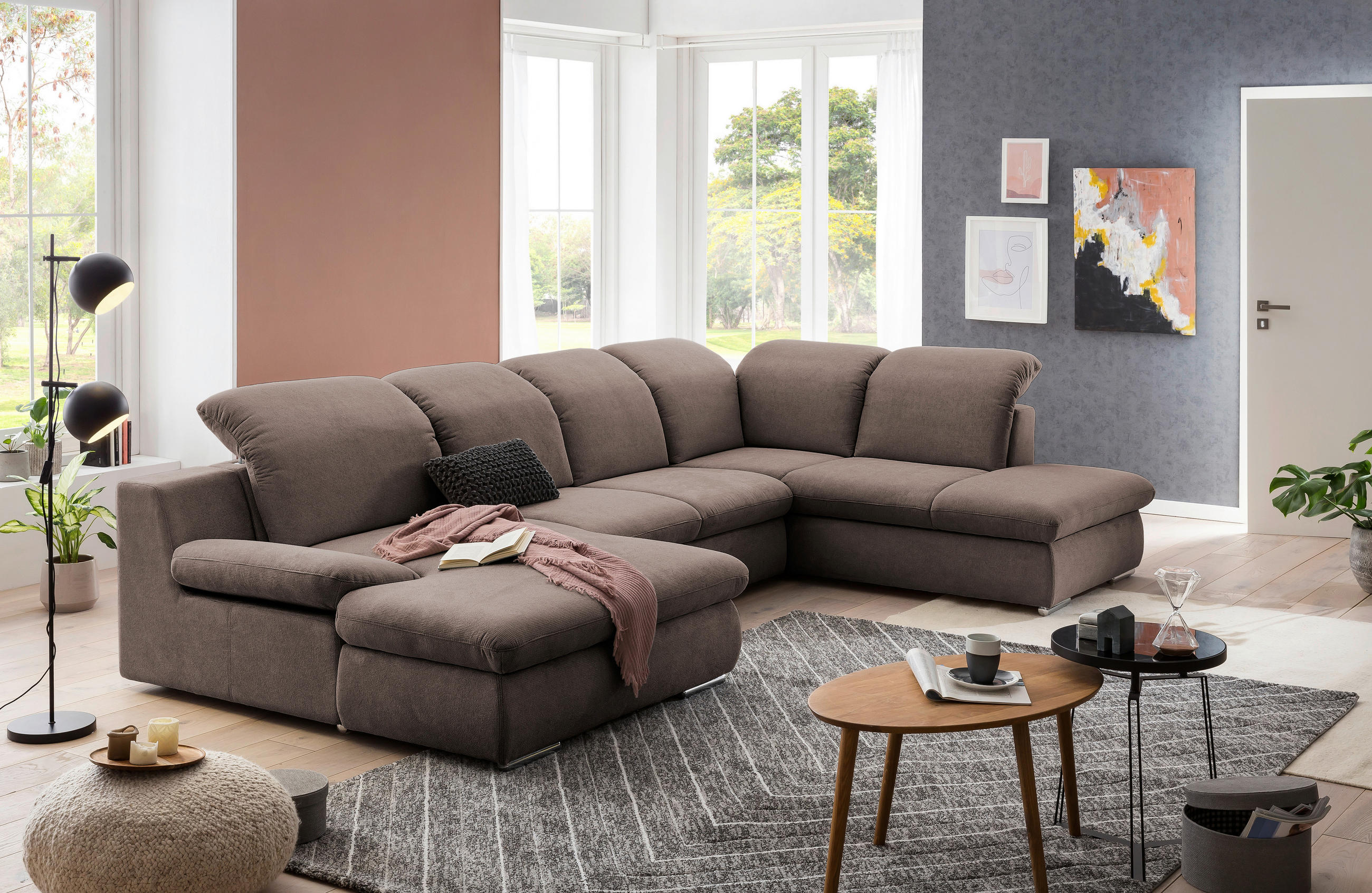 WOHNLANDSCHAFT Taupe Chenille - Taupe/Chromfarben, Design, Textil/Metall (165/353/212cm) - Livetastic