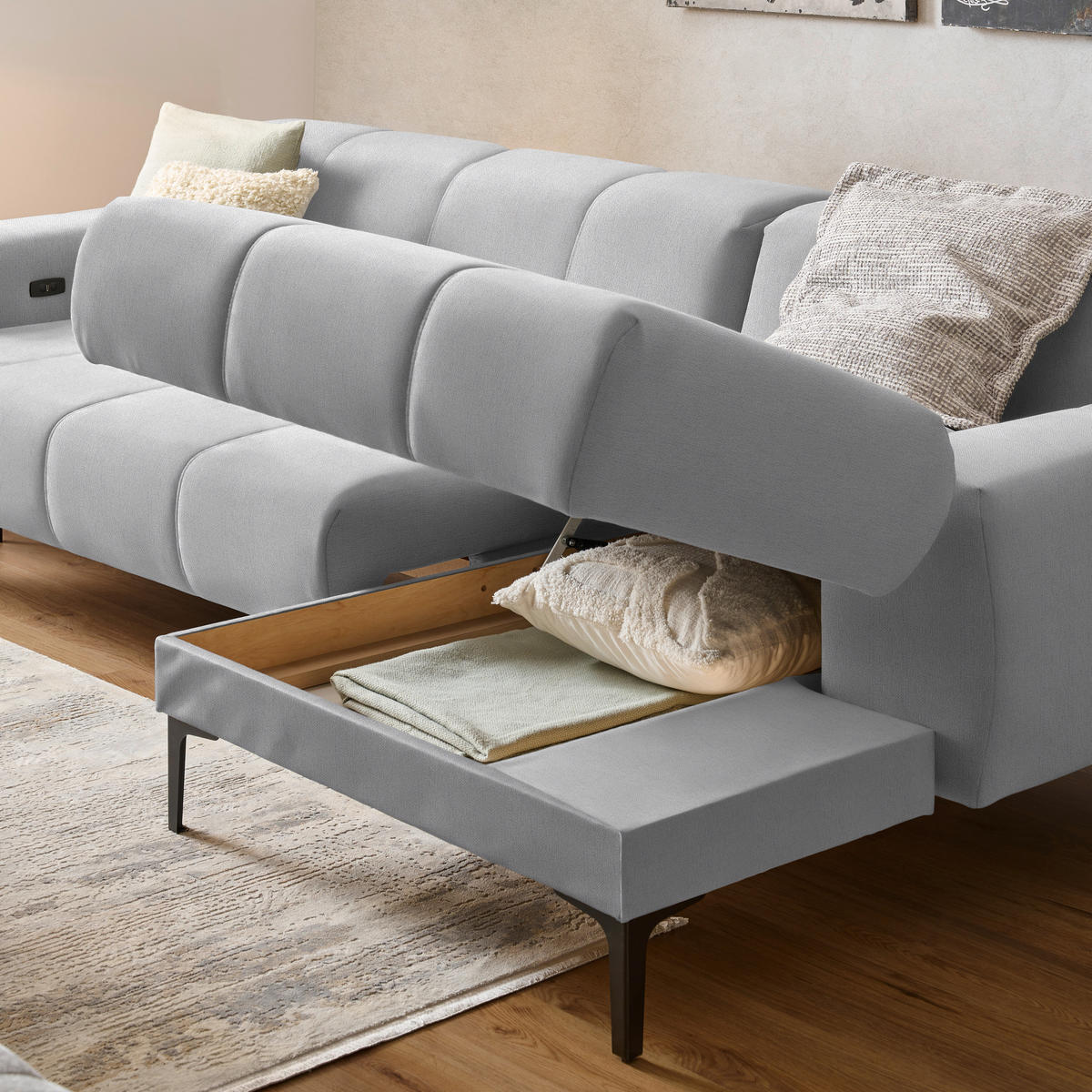 ECKSOFA in Chenille Greige  - Greige/Schwarz, Design, Textil/Metall (311/167cm) - Xora