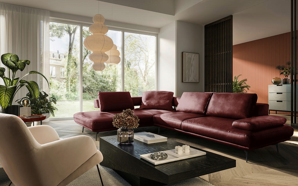 ECKSOFA Rot Echtleder  - Rot/Schwarz, Design, Leder/Metall (237/306cm) - Livetastic