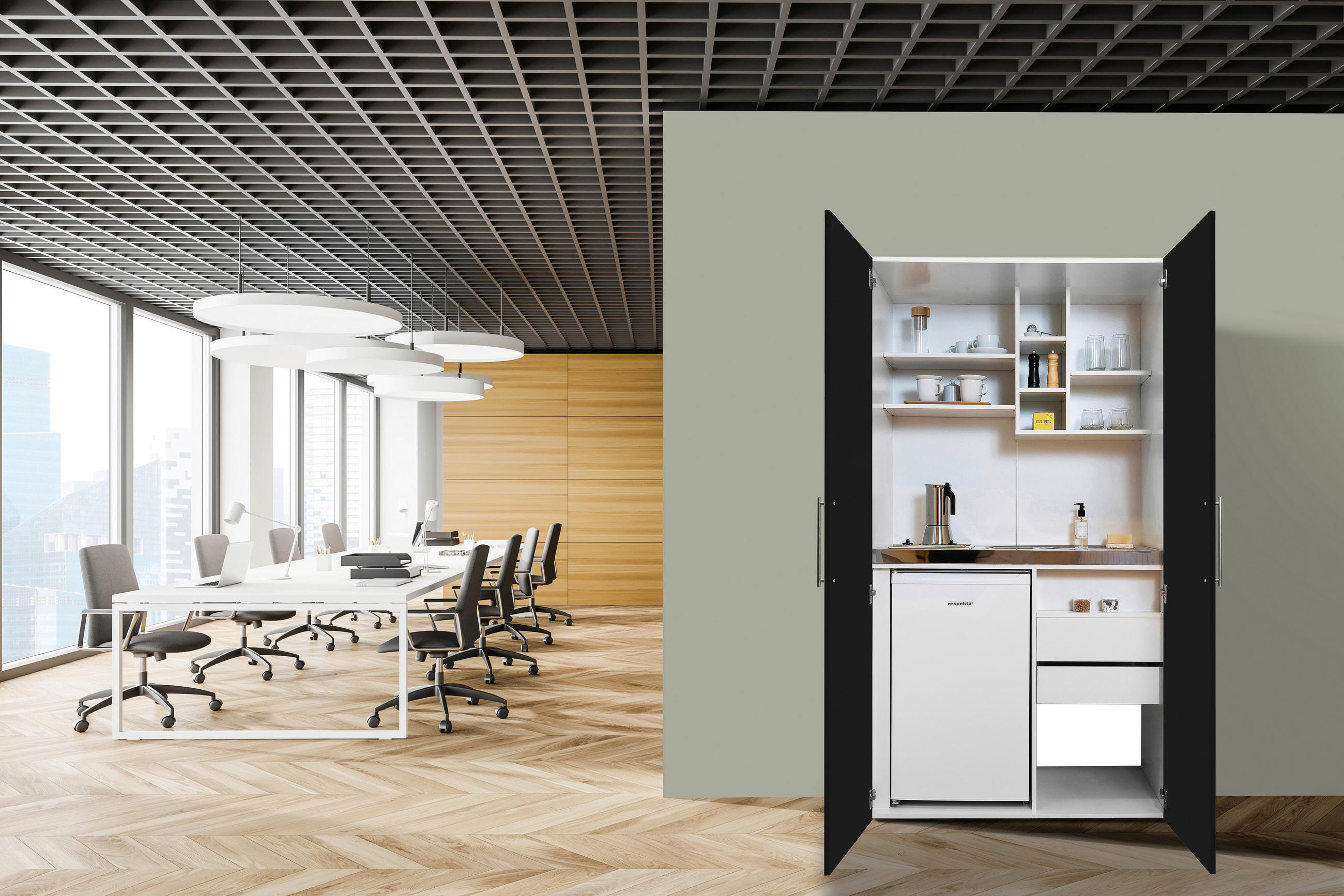 Schrankküche mit Kühlschrank + Kochfeld 104 cm Weiß/Schwarz