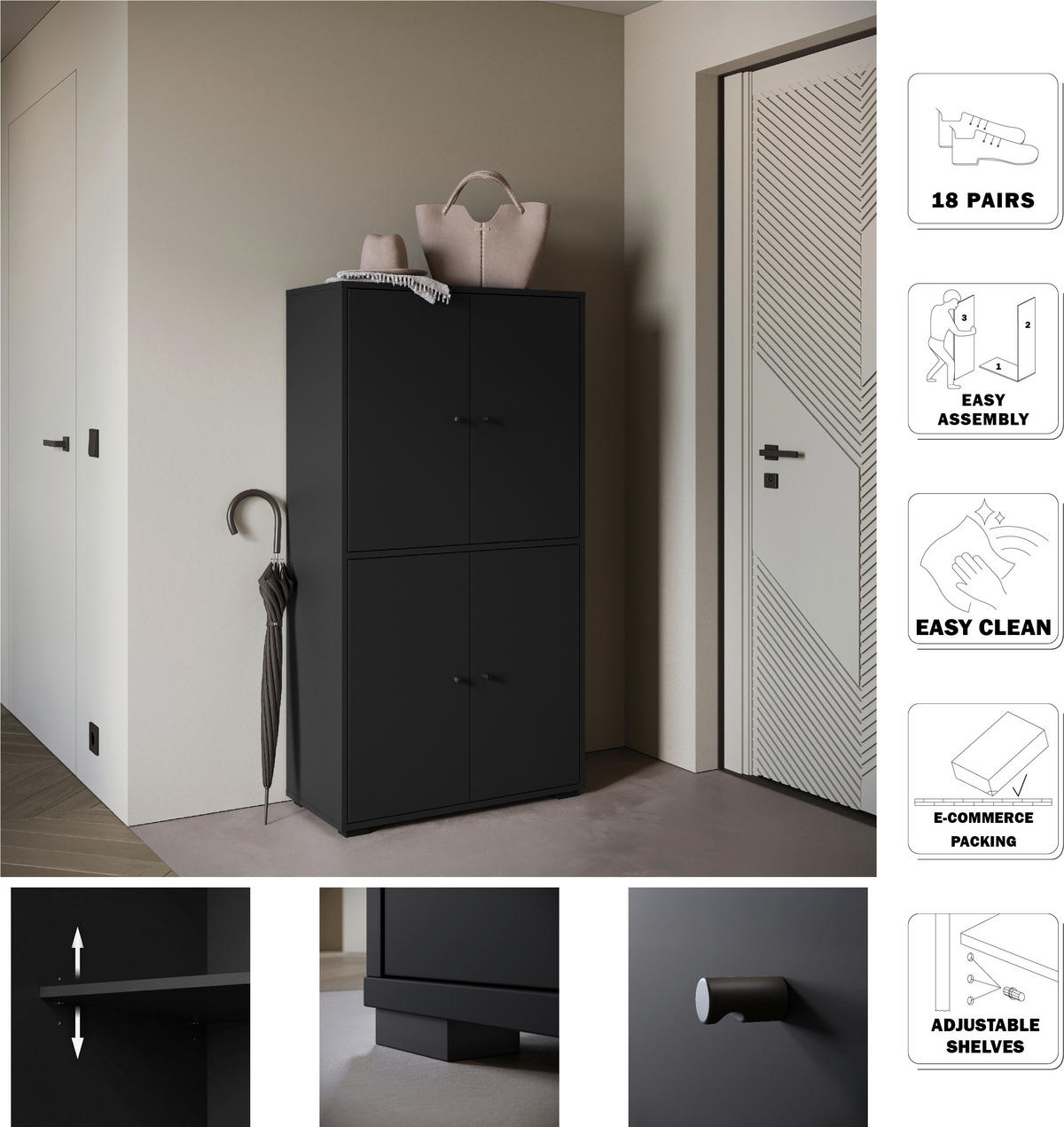 SCHUHSCHRANK 70/131/33 cm  - Schwarz, Basics, Holzwerkstoff/Kunststoff (70/131/33cm) - P & B