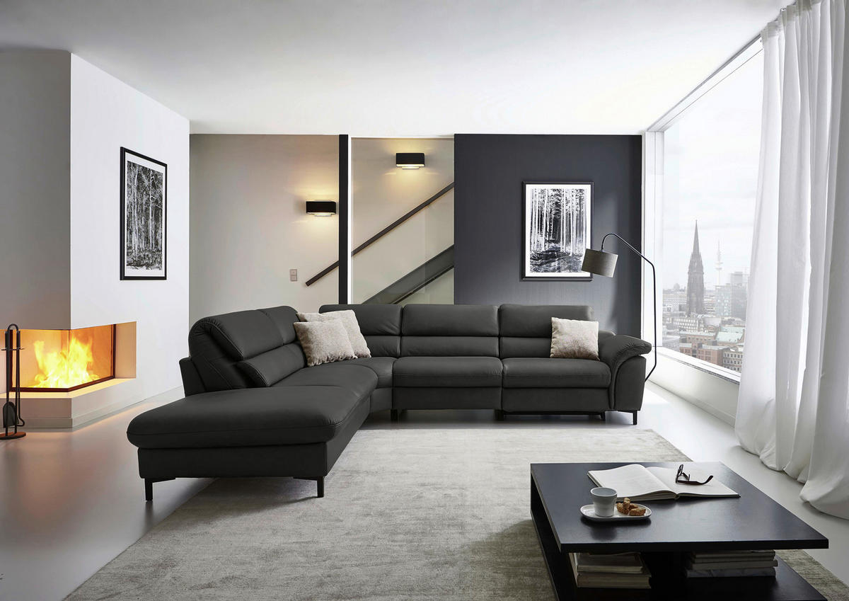 ECKSOFA Valdera Schwarz Echtleder  - Schwarz, Design, Leder/Metall (246/280cm) - Hukla