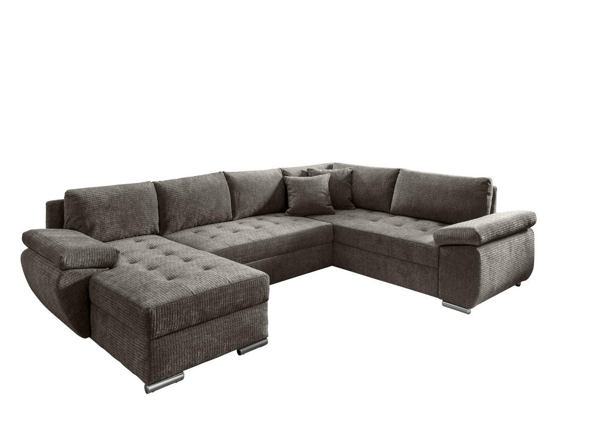 WOHNLANDSCHAFT Graubraun Mikrofaser  - Chromfarben/Graubraun, KONVENTIONELL, Textil/Metall (157/305/219cm) - Livetastic