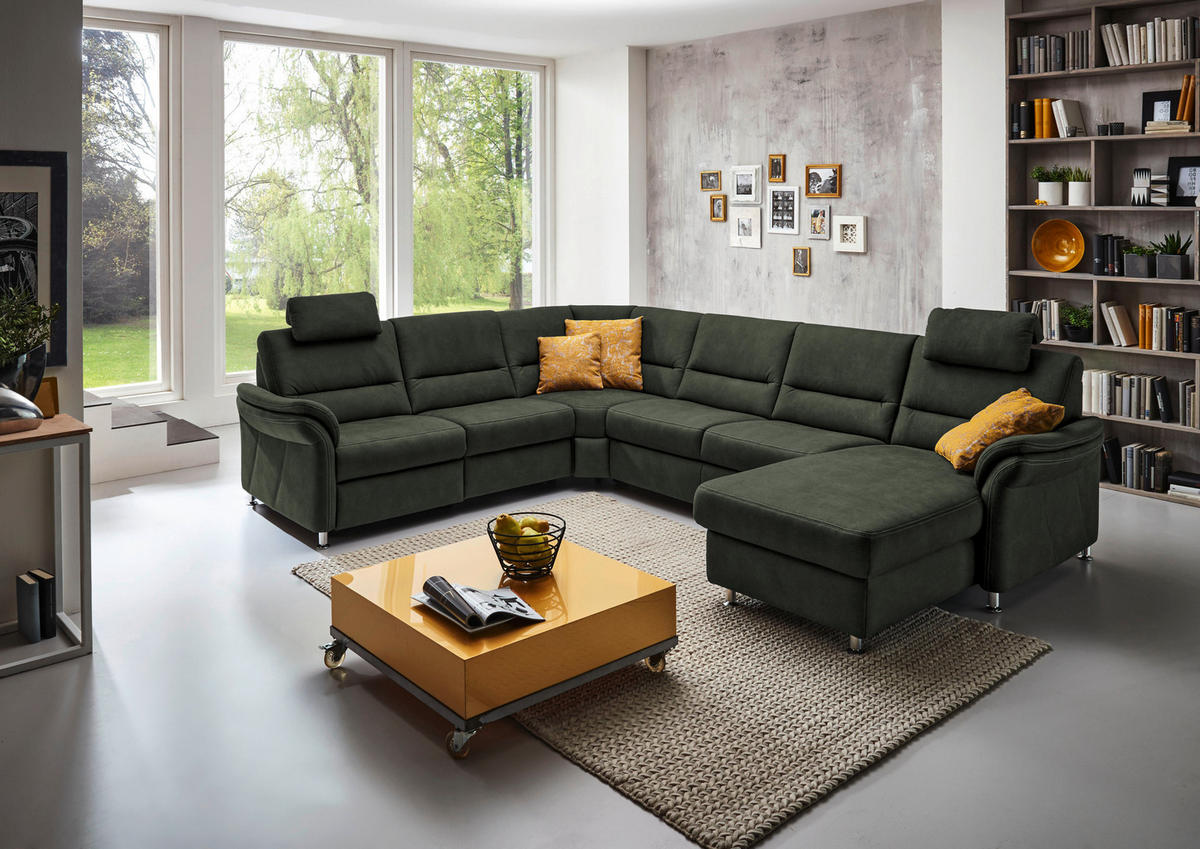 WOHNLANDSCHAFT  in Mikrofaser Dunkelgrün  - Dunkelgrün/Alufarben, KONVENTIONELL, Textil/Metall (262/335/173cm) - Beldomo System