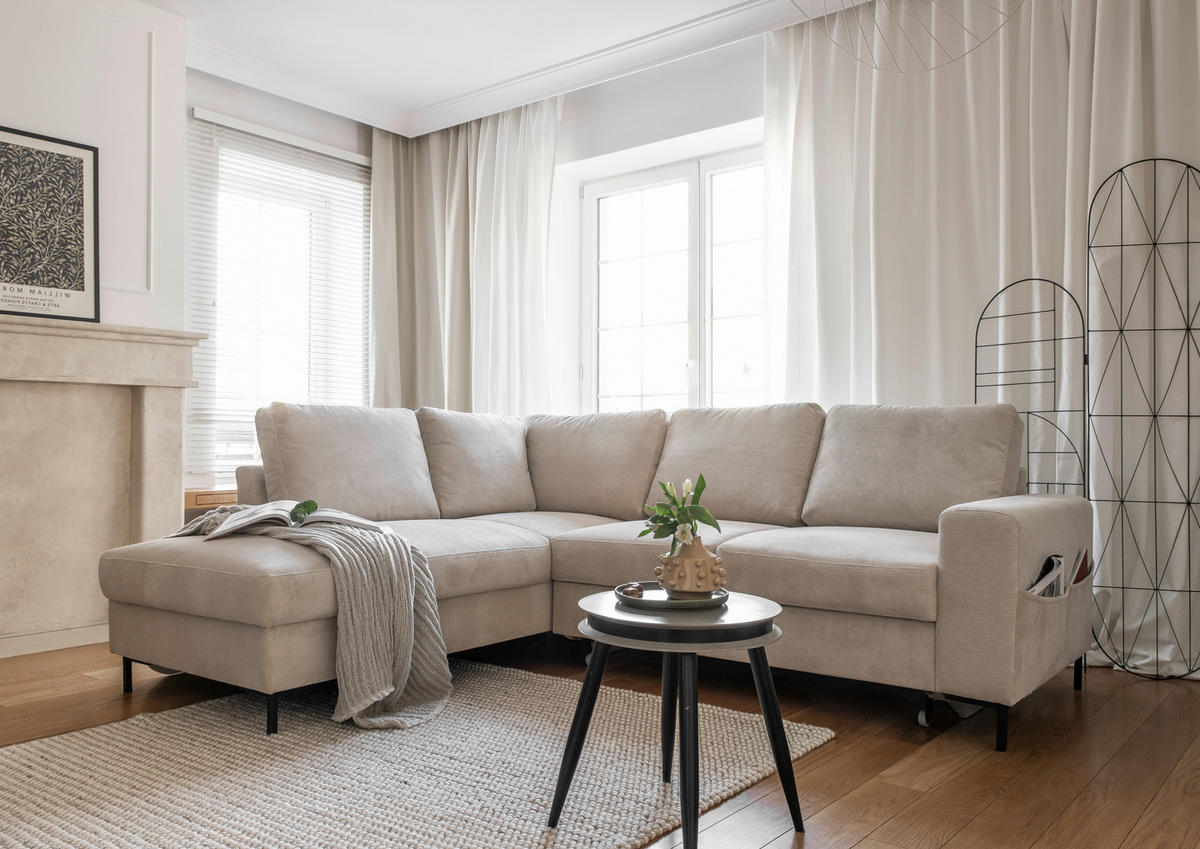 ECKSOFA in Cord Beige  - Beige/Schwarz, Design, Textil/Metall (197/237cm) - MID.YOU