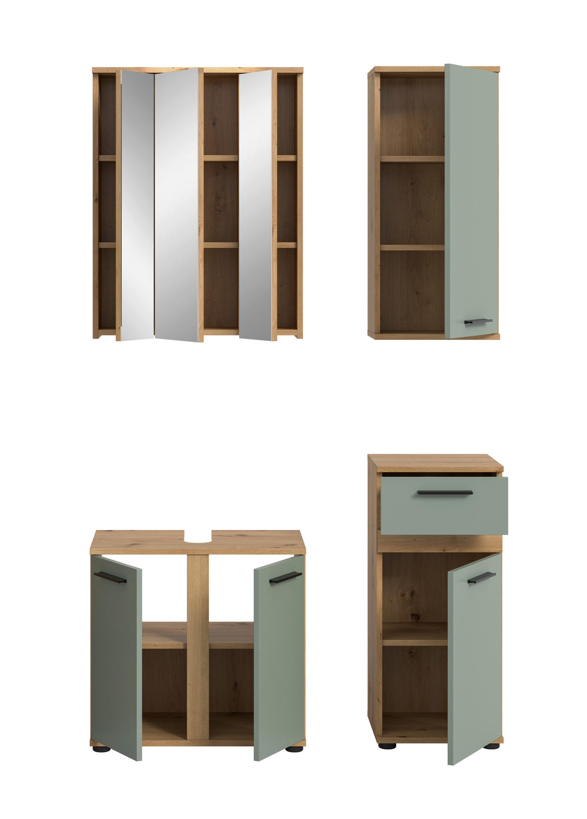 BADEZIMMER 4-teilig  in 110 cm  - Salbeigrün/Schwarz, Trend, Glas/Holzwerkstoff (110cm) - MID.YOU