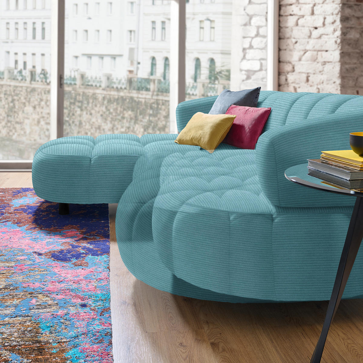 ECKSOFA in Cord, Velours Hellblau  - Schwarz/Hellblau, Design, Holz/Textil (183/284cm) - Welnova