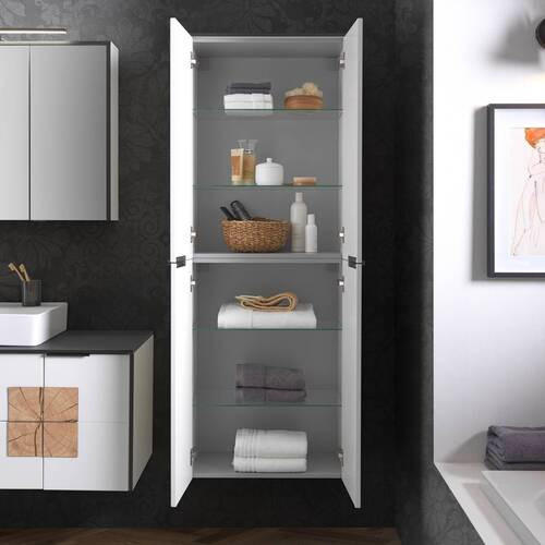 Thumbnail - Voleo Hochschrank Stella, Weiß Hochglanz, Glas, 62.8x163.3x32.0 cm, Made in Germany, hängend, Badezimmer, Badezimmerschr...