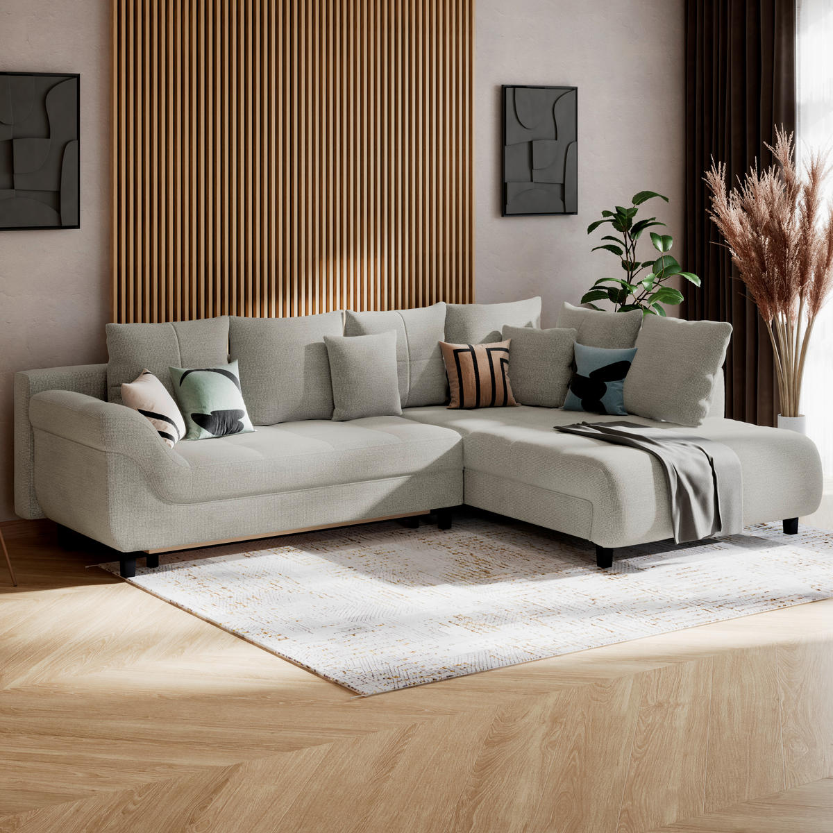 ECKSOFA MENDOZA NEW Grau Chenille, Struktur Zierkissen, Rückenkissen, Bettkasten  - Schwarz/Grau, KONVENTIONELL, Textil (309/197cm) - MID.YOU