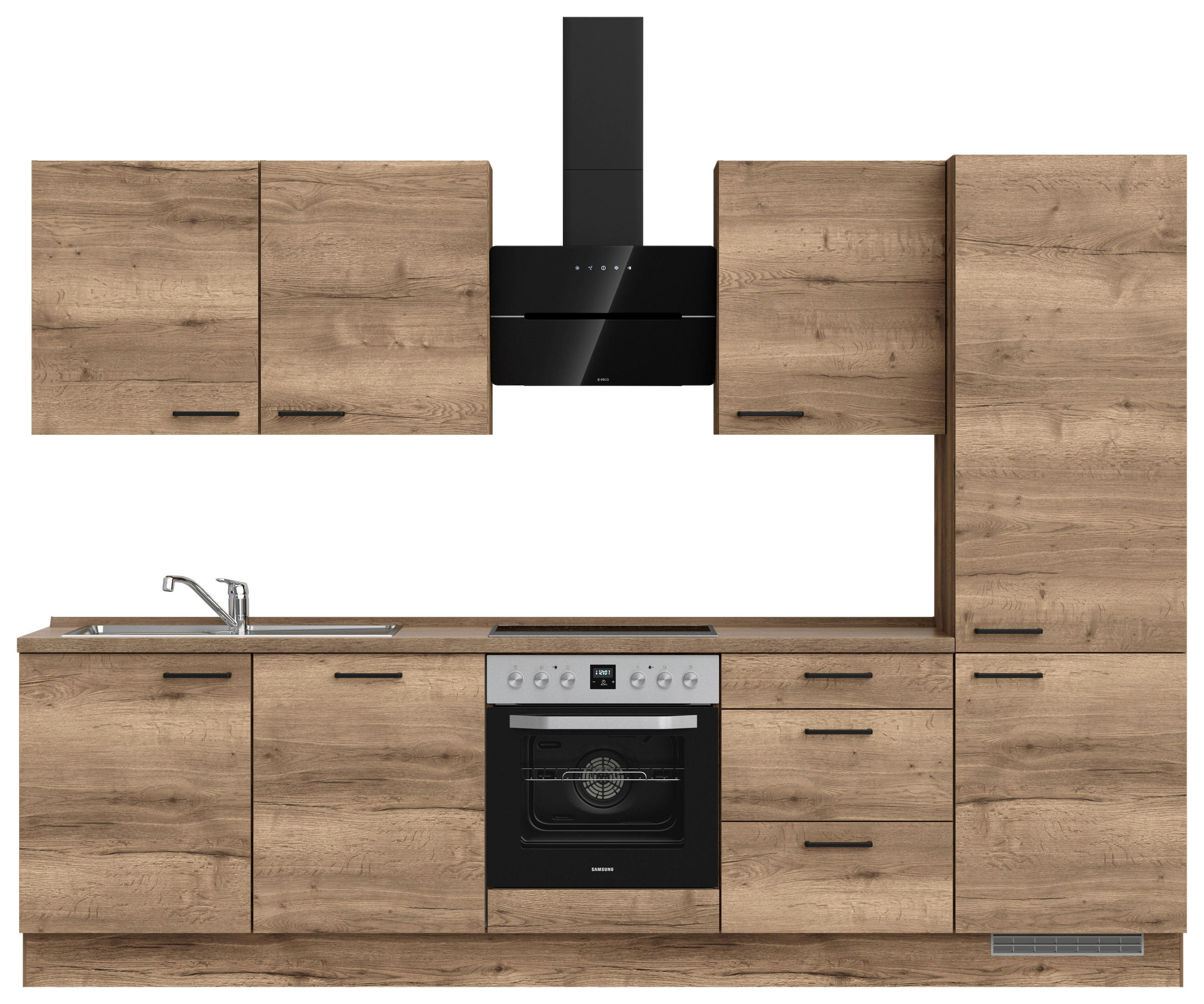 KÜCHENBLOCK 300 cm   in Eiche dunkel  - Eiche dunkel/Schwarz, MODERN, Holzwerkstoff/Metall (300cm) - Nobilia