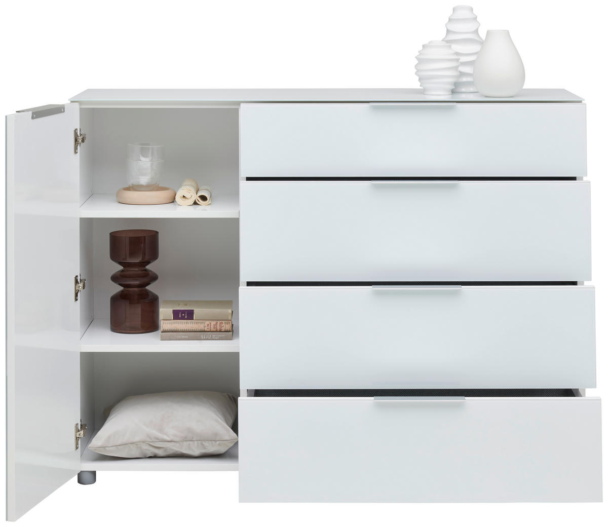 KOMODA   135/101/40 cm   bijela visoki sjaj  - siva/boje kroma, Basics, staklo/drvni materijal (135/101/40cm) - Voleo