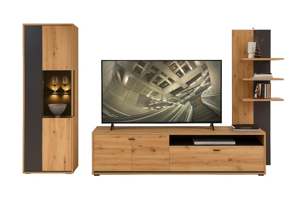 WOHNWAND 3-teilig  in Graphitfarben, Eiche Artisan  310/205/49 cm  - Graphitfarben/Schwarz, Design, Glas/Holzwerkstoff (310/205/49cm) - Livetastic