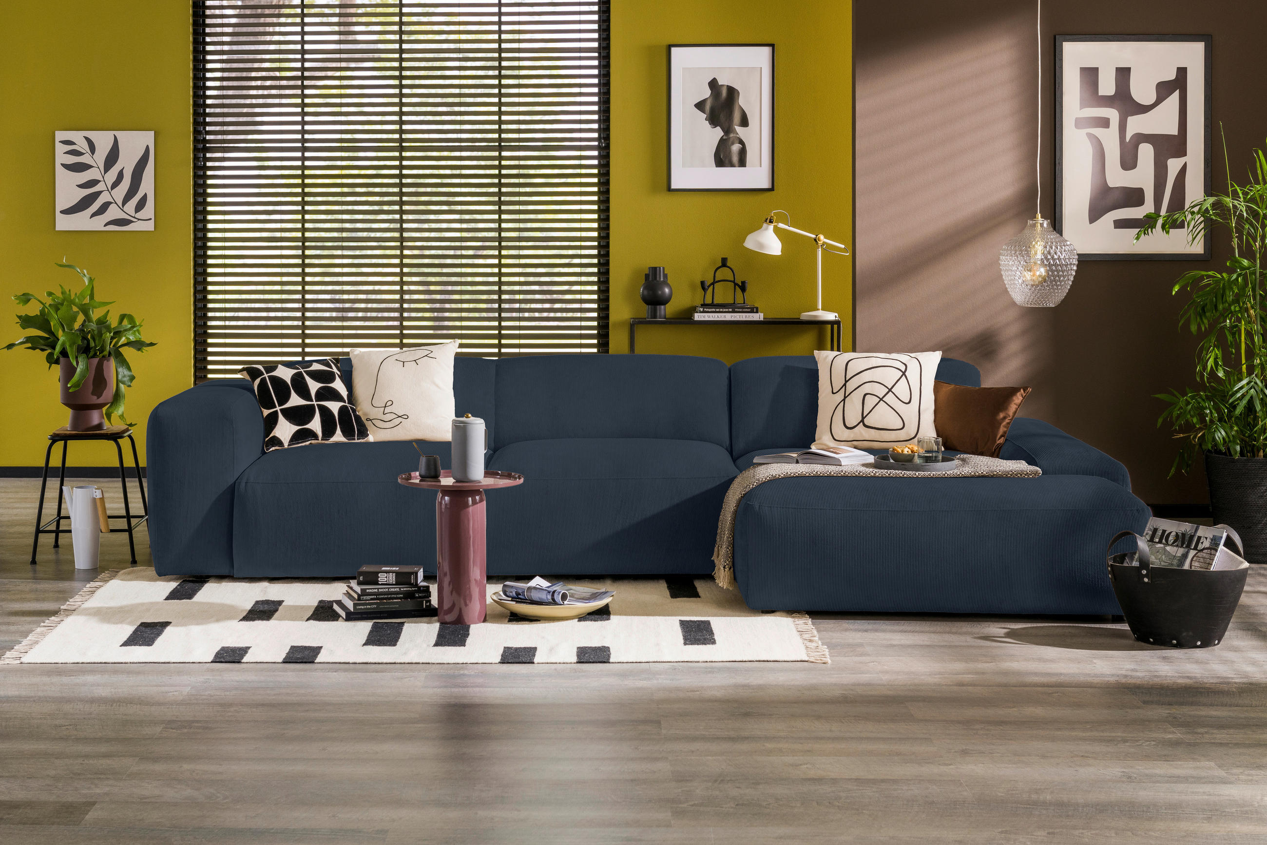 ECKSOFA HANNAH Blau Cord  - Blau/Schwarz, Design, Kunststoff/Textil (343/170cm) - MID.YOU