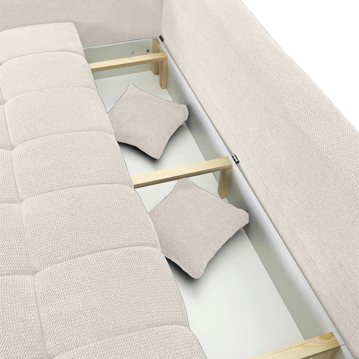 SCHLAFSOFA Plüsch Creme  inkl. Zierkissen, Rückenkissen, Bettkasten, Schlaffunktion, Rücken echt, Liegefläche im Originalstoff  - Creme/Schwarz, KONVENTIONELL, Kunststoff/Textil (200/73/105cm) - Carryhome