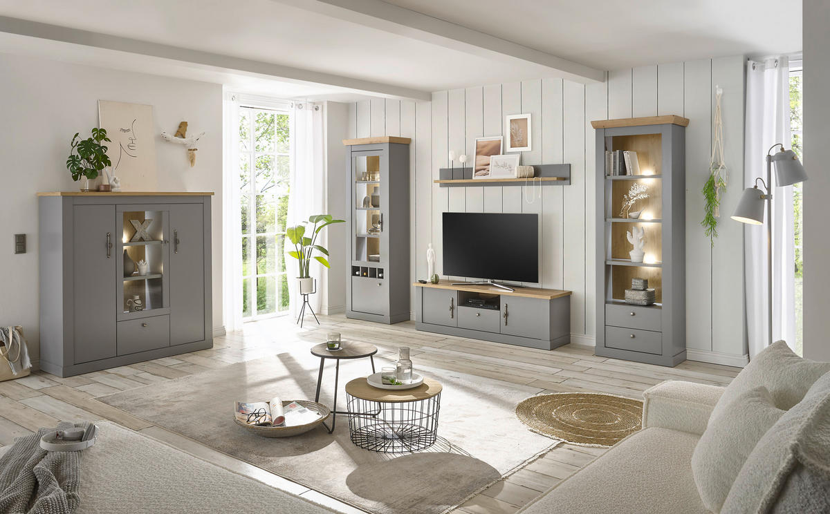 WOHNWAND 4-teilig  in Eichefarben, Hellgrau  317/201/44 cm  - Eichefarben/Silberfarben, Design, Holzwerkstoff/Metall (317/201/44cm) - MID.YOU