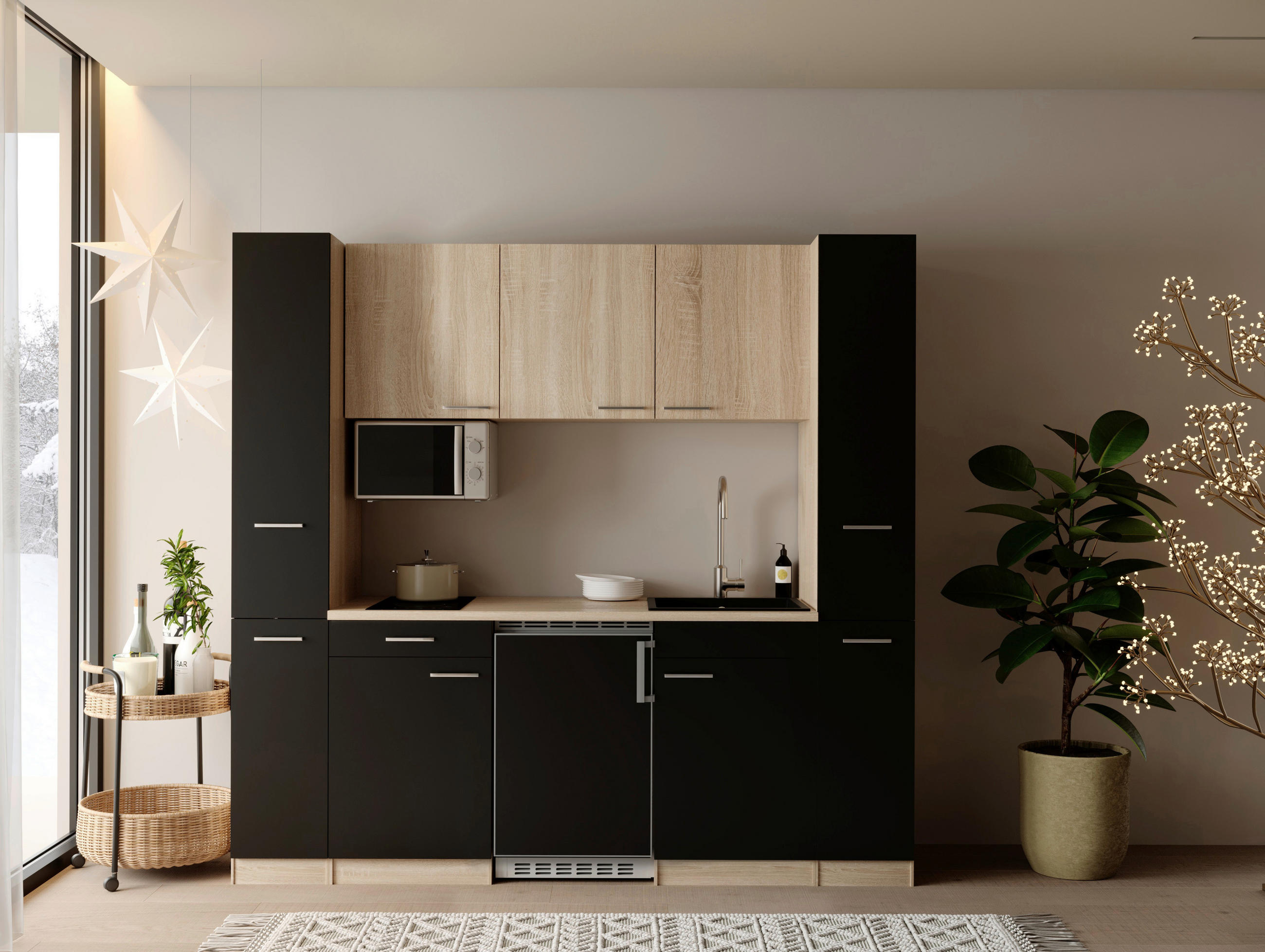 KÜCHENBLOCK Ingrid 210 cm  in Schwarz  - Eichefarben/Alufarben, Design, Holzwerkstoff/Kunststoff (210cm) - Respekta