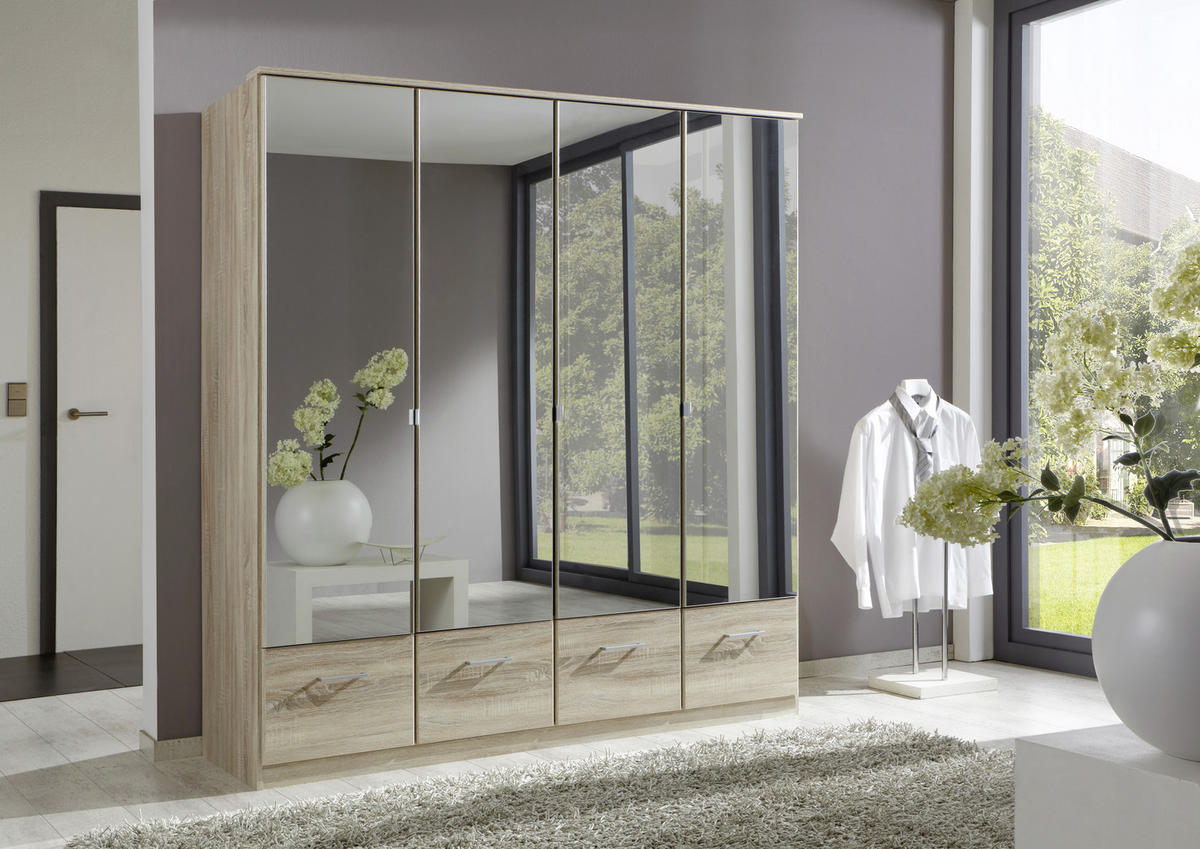 GARDEROB MED GÅNGJÄRN 180/199/58 cm 4-dörrar - aluminiumfärg/ekfärgad, Klassisk, metall/trämaterial (180/199/58cm) - MID.YOU