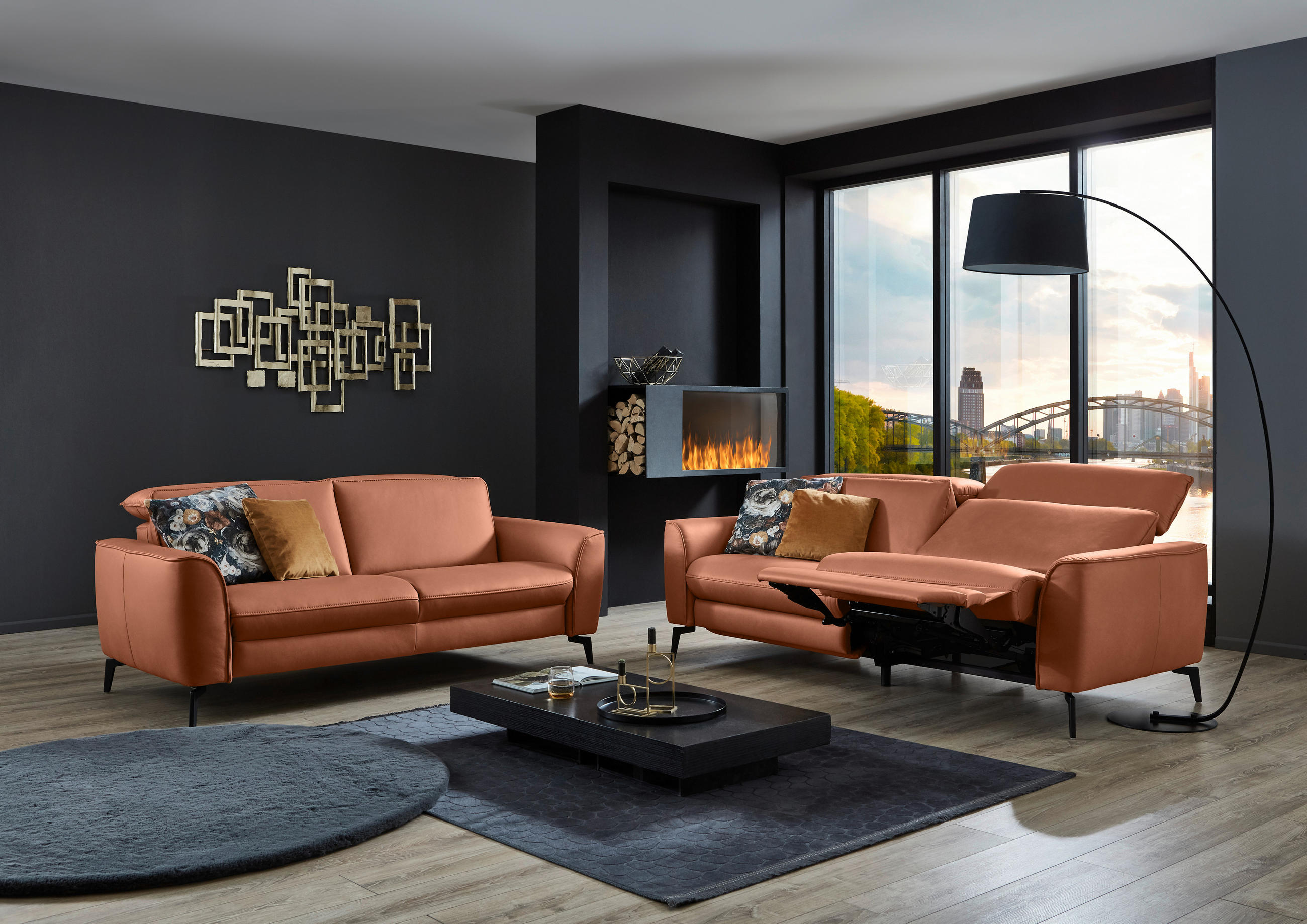 3-SITZER-SOFA in Echtleder Cognac  - Cognac/Schwarz, Natur, Leder/Metall (222/81/110cm) - Valdera
