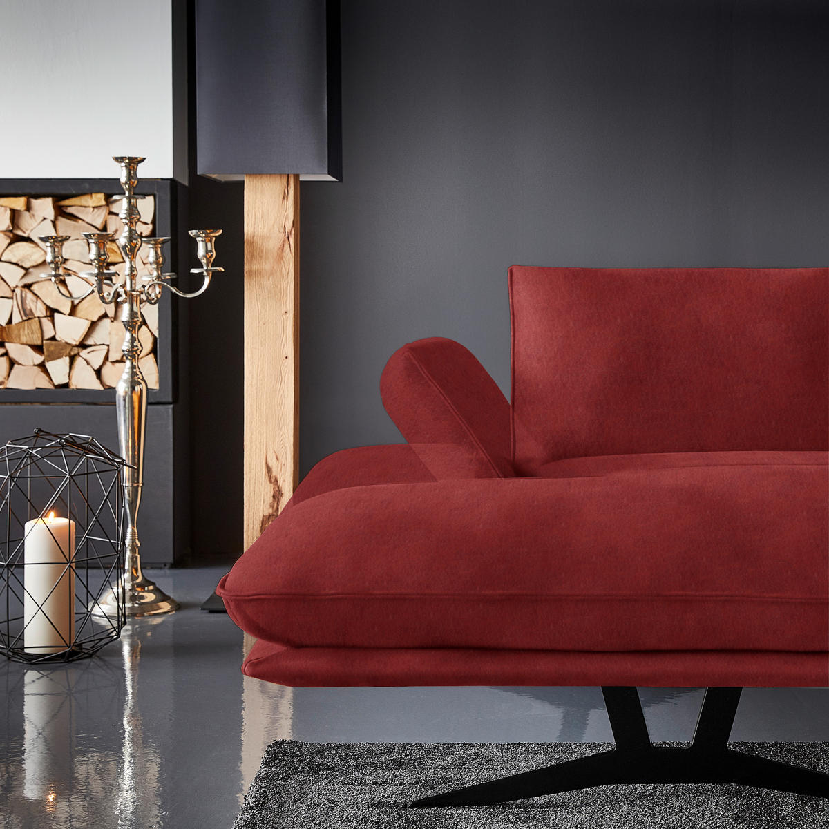 WOHNLANDSCHAFT in Echtleder Rot  - Rot/Schwarz, Natur, Leder/Metall (155/359/217cm) - Dieter Knoll