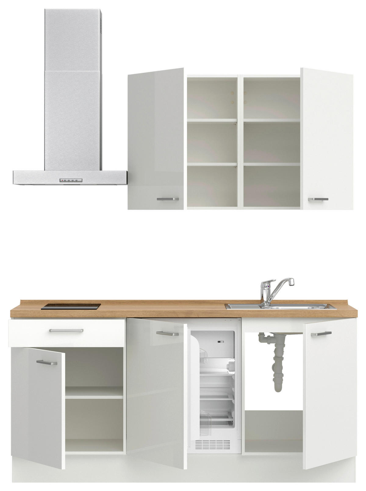 KÜCHENBLOCK Flash 180 cm  in Eichefarben, Weiß Hochglanz  - Edelstahlfarben/Eichefarben, MODERN, Holzwerkstoff/Metall (180cm) - Nobilia