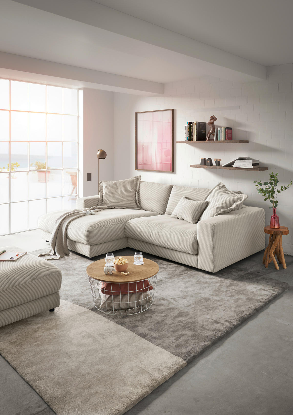ECKSOFA in Cord Hellgrau  - Hellgrau/Schwarz, Design, Kunststoff/Textil (190/270cm) - Lomoco