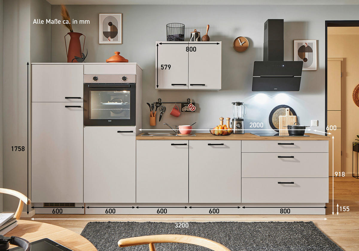 KÜCHENBLOCK PN 80 320 cm  in Eichefarben, Kaschmir  - Kaschmir/Eichefarben, Design, Holzwerkstoff/Metall (320cm) - Pino
