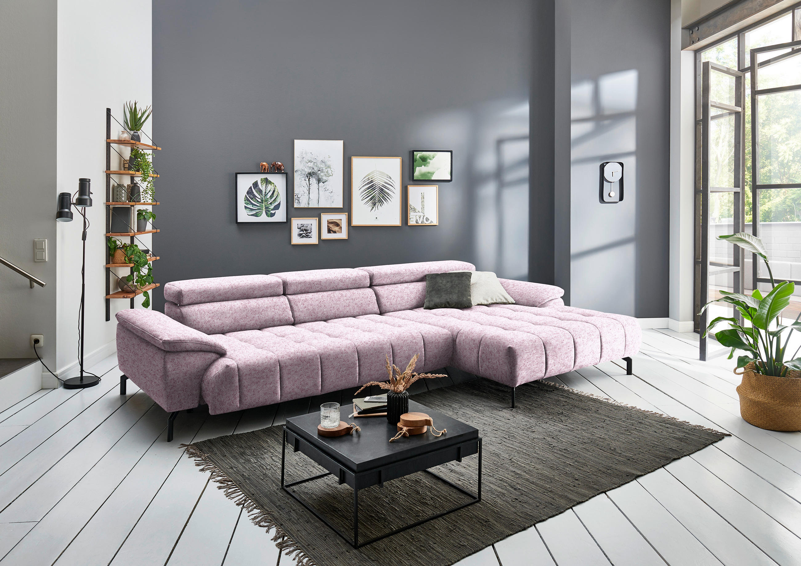 ECKSOFA in Chenille Rosa  - Schwarz/Rosa, Design, Textil/Metall (329/190cm) - Beldomo Style