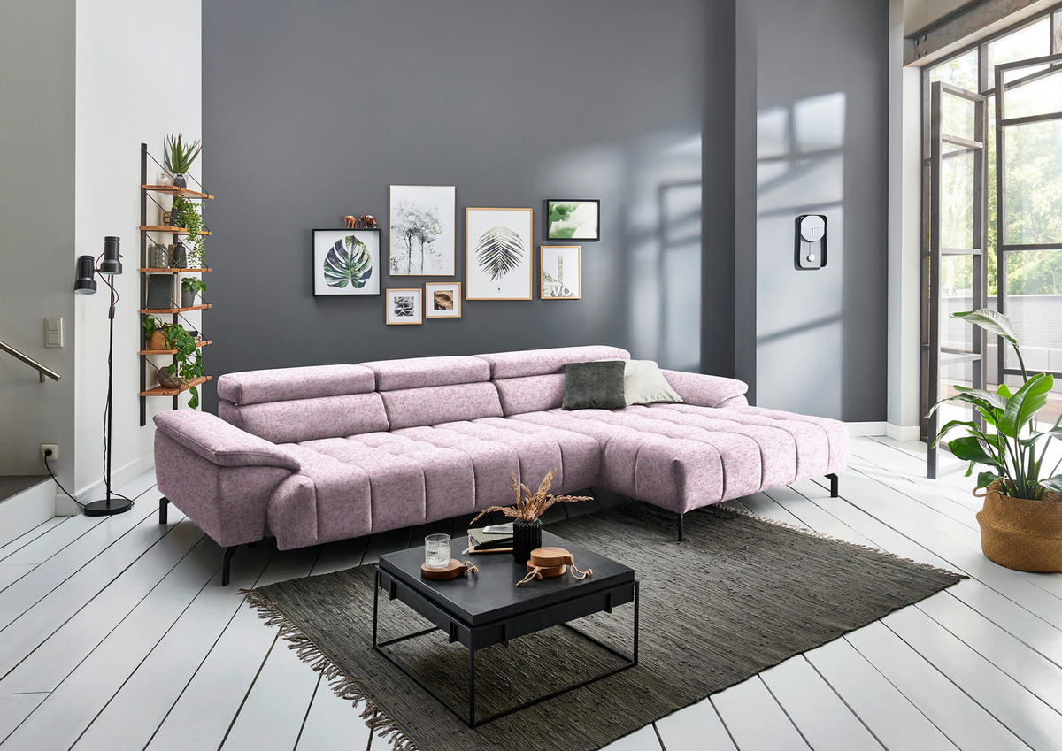 ECKSOFA in Chenille Rosa  - Schwarz/Rosa, Design, Textil/Metall (329/190cm) - Beldomo Style