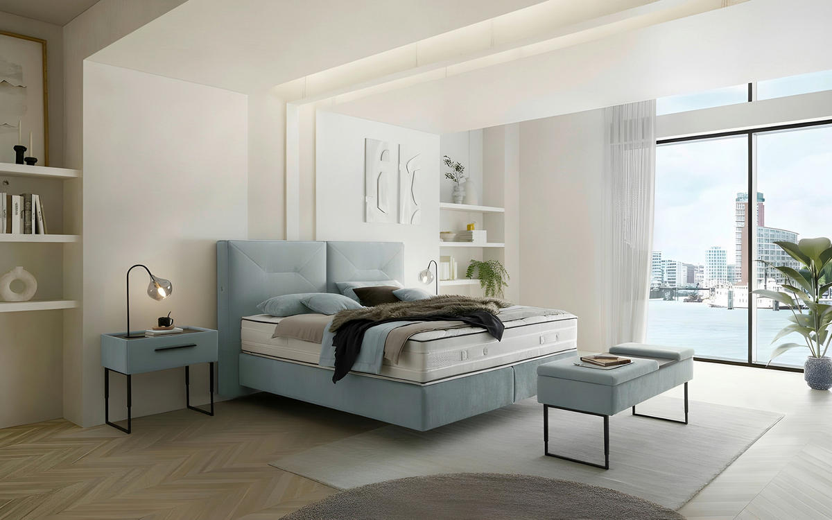 BOXSPRINGBETT 180/200 cm,  in Hellblau, Matratze, unterschiedliche Matratzenhärtegrade je Bettseite, H3 + H4 = fest + sehr fest  - Schwarz/Hellblau, Design, Kunststoff/Textil (180/200cm) - Dieter Knoll