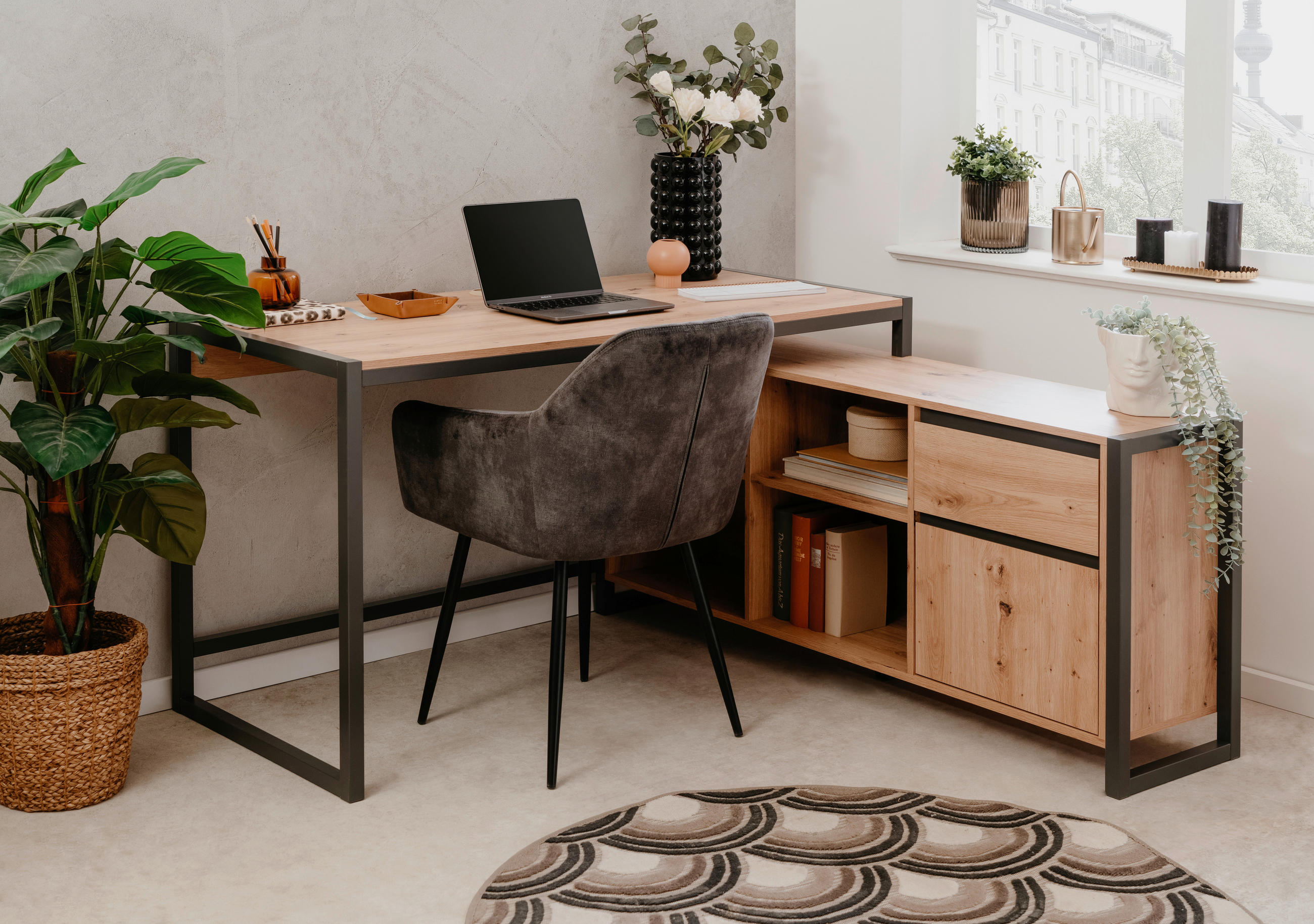 BUREAU D'ANGLE 139/139/75 cm in Anthrazit, Eiche Artisan - Anthrazit/Eiche Artisan, Modern, Holzwerkstoff (139/139/75cm) - MID.YOU