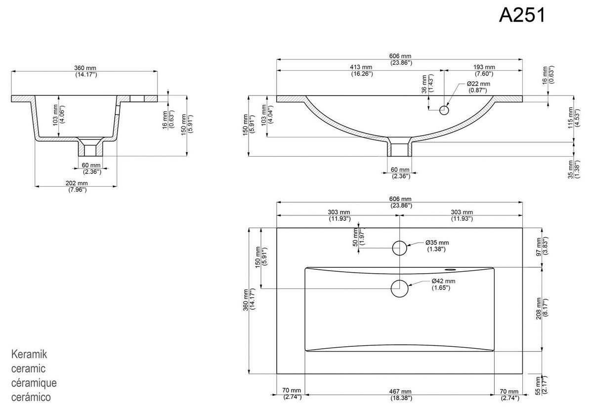 BADEZIMMER  in 60,6 cm  - Silberfarben/Graphitfarben, MODERN, Keramik/Holzwerkstoff (60,6cm) - MID.YOU