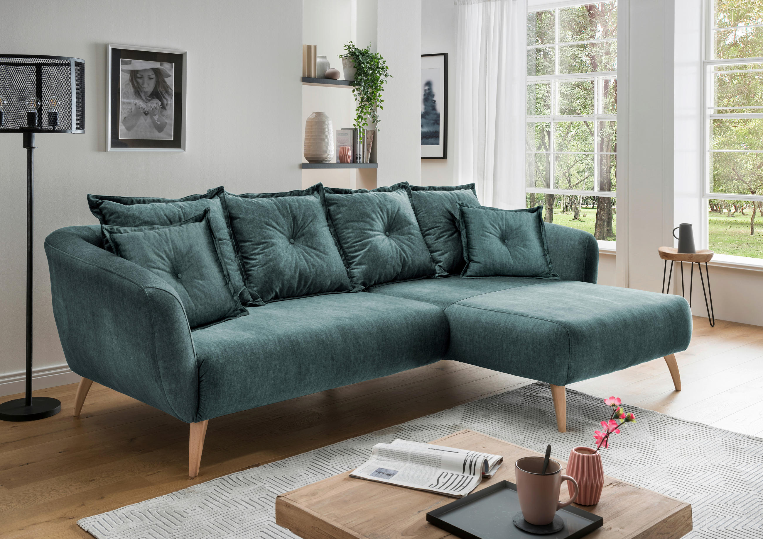 ECKSOFA Blau Velours  - Blau/Buchefarben, MODERN, Holz/Textil (277/162cm) - Livetastic