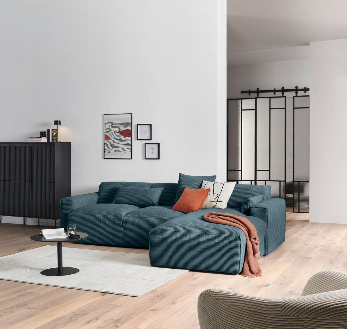 ECKSOFA in Cord Petrol  - Petrol/Schwarz, Design, Kunststoff/Textil (303/196cm) - Livetastic
