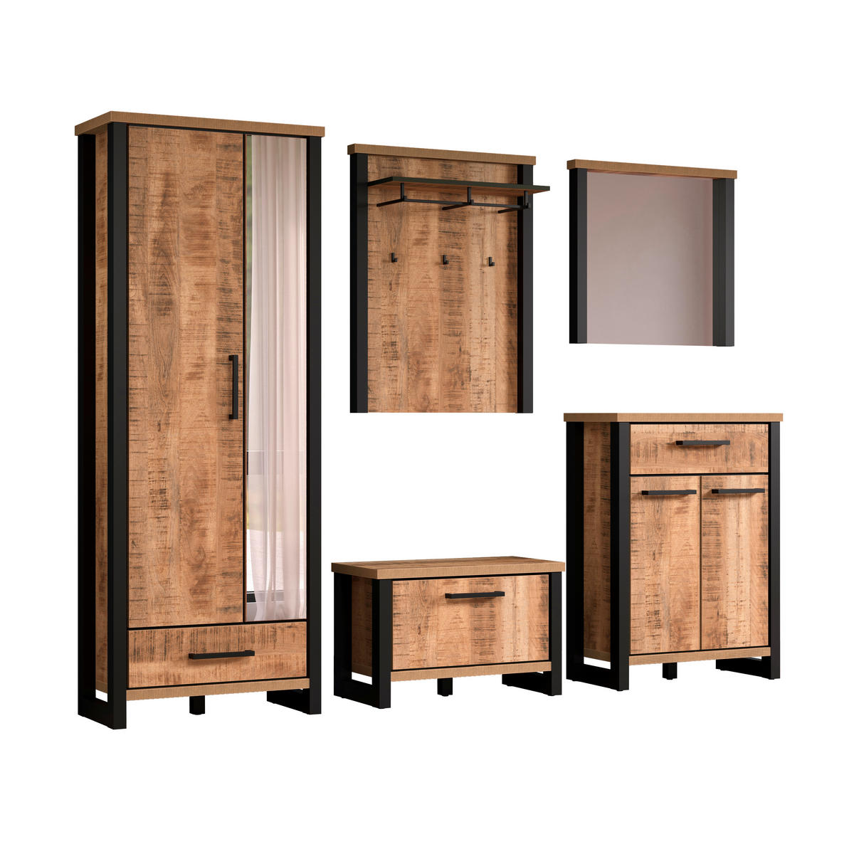 GARDEROBE 5-teilig  in 249/195/39 cm  - Schwarz/Naturfarben, Basics, Glas/Holzwerkstoff (249/195/39cm) - MID.YOU