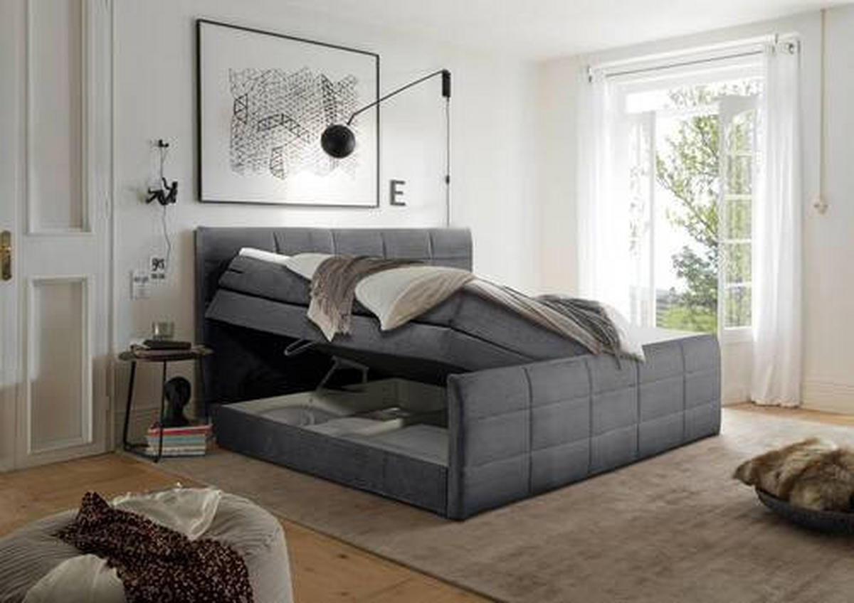 BOXSPRINGBETT 180/200 cm,  in Dunkelgrau, gepolstertes Kopfteil, Bettkasten, Topper, Matratzen, Wendematratze mit unterschiedlichen Härtegraden, H3 + H4 = fest + sehr fest  - Dunkelgrau/Schwarz, MODERN, Holzwerkstoff/Kunststoff (180/200cm) - MID.YOU