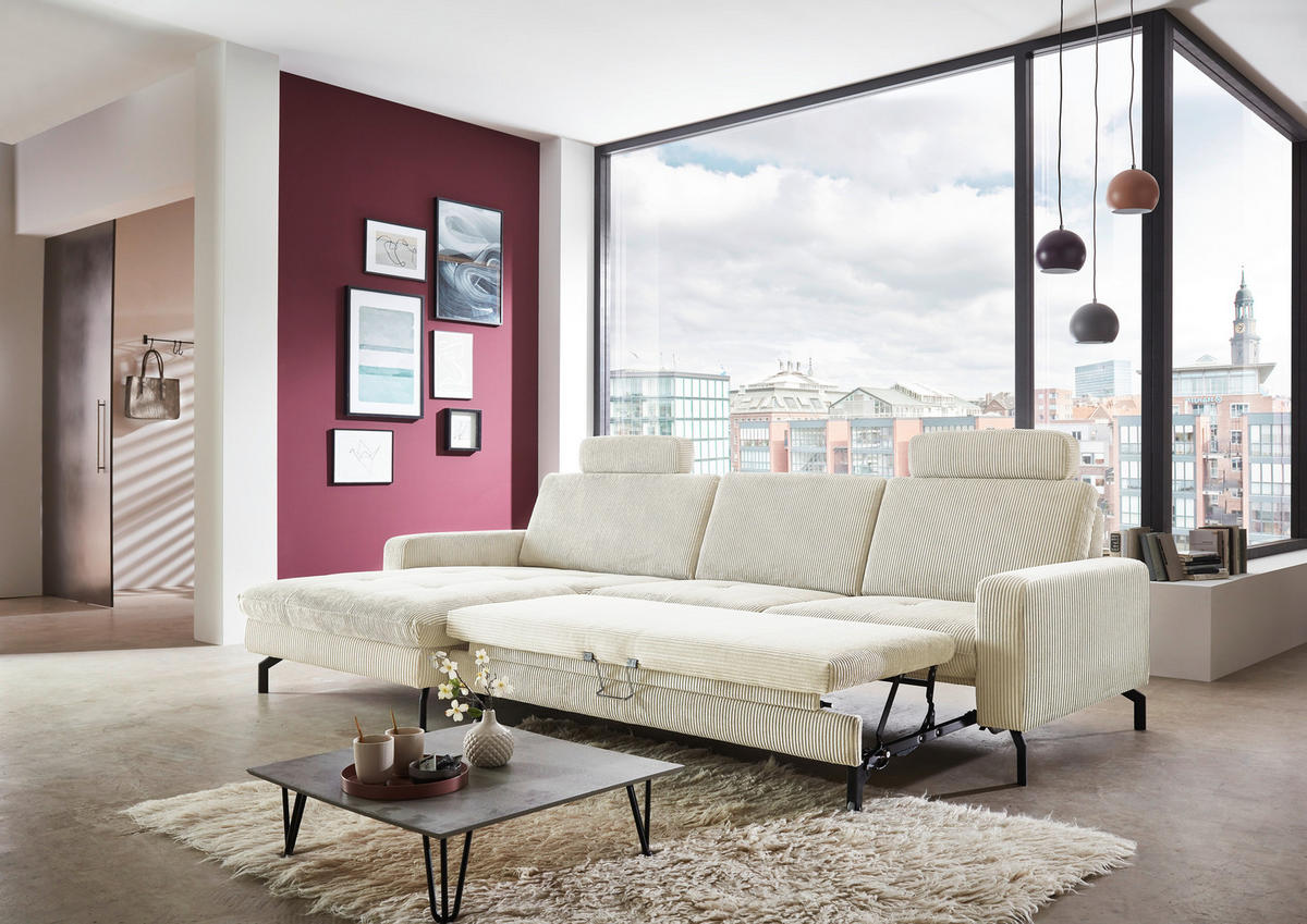 ECKSOFA in Cord Creme  - Creme/Schwarz, Design, Textil/Metall (178/302cm) - Beldomo Style