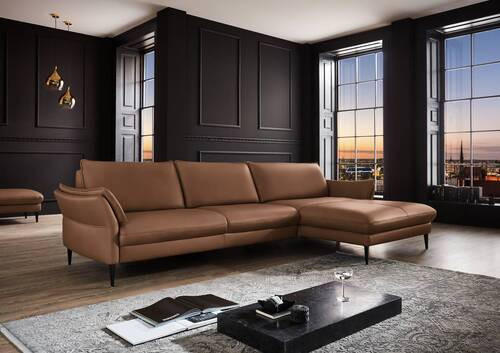 ECKSOFA Braun Echtleder  - Schwarz/Braun, Design, Leder/Metall (334/172cm) - Hukla