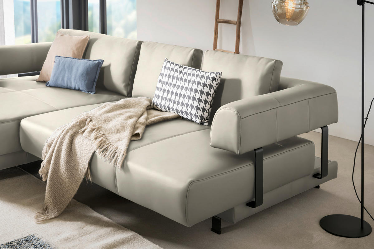 ECKSOFA in Echtleder Creme, Naturfarben  - Creme/Schwarz, Design, Leder/Metall (188/307cm)