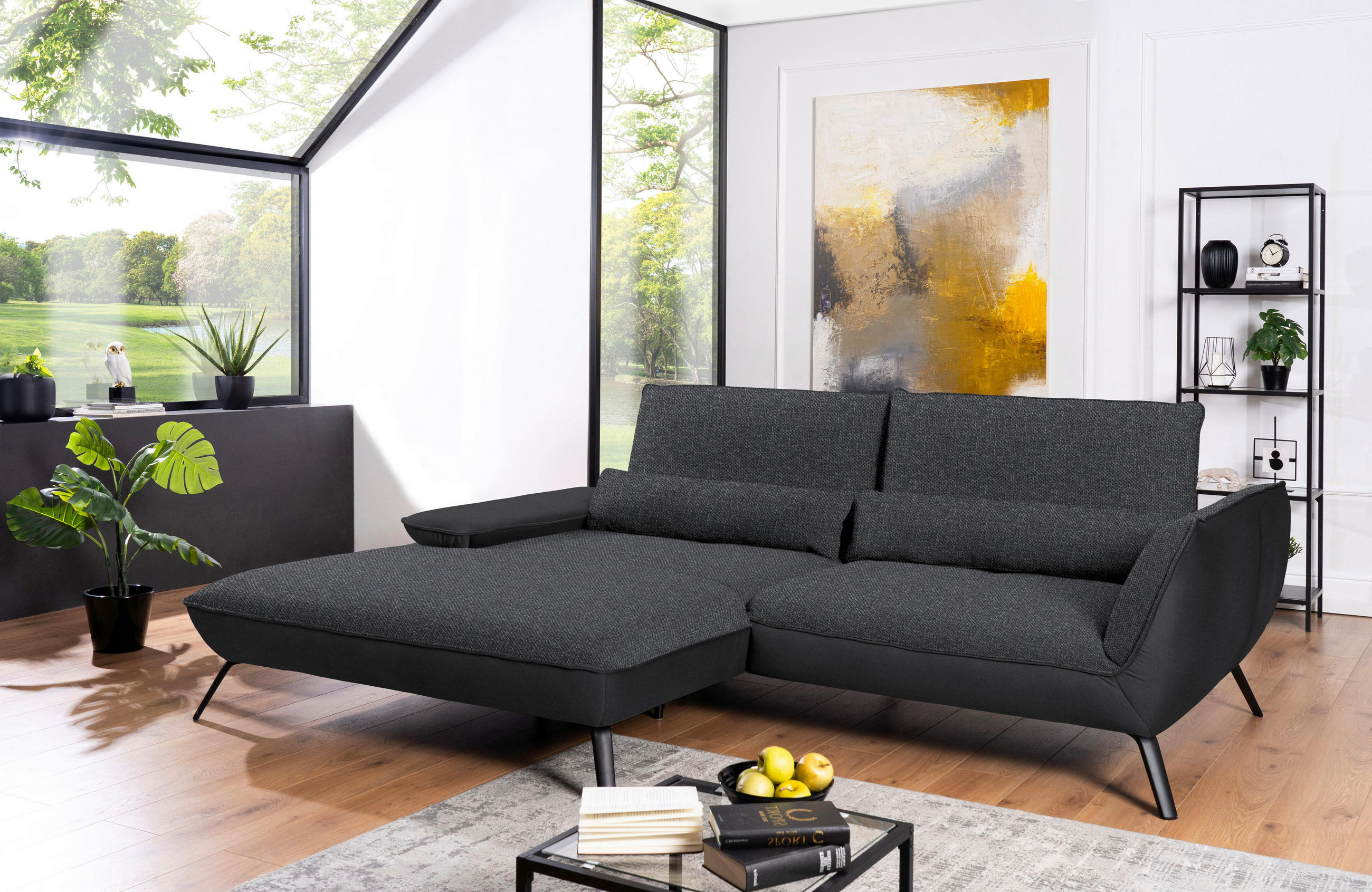 ECKSOFA in Flachgewebe Anthrazit  - Anthrazit/Schwarz, Design, Textil/Metall (191/273cm) - Moderano