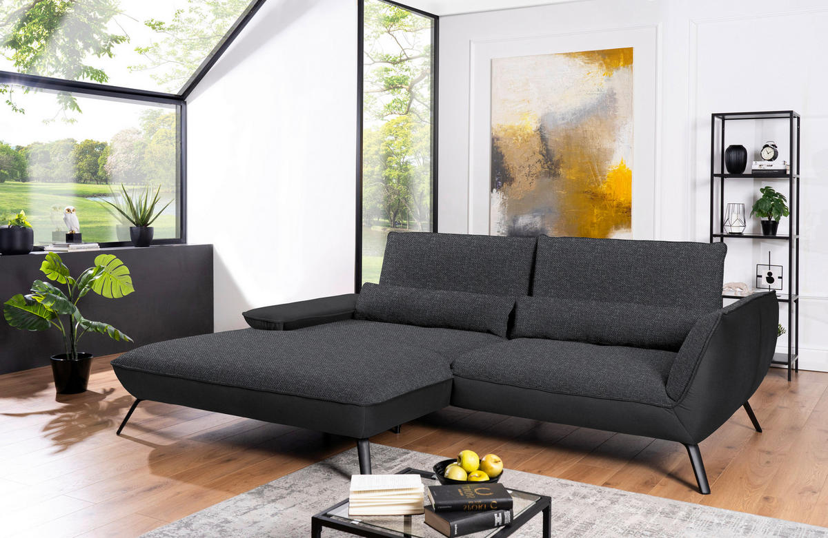 ECKSOFA in Flachgewebe Anthrazit  - Anthrazit/Schwarz, Design, Textil/Metall (191/273cm) - Moderano