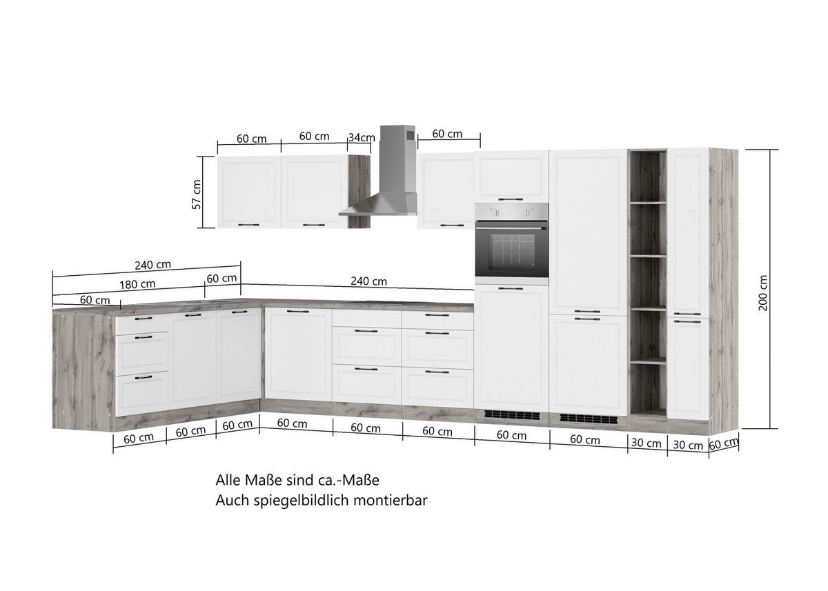 ECKKÜCHE 240/420 cm  in Grau, Eiche Wotan  - Eiche Wotan/Schwarz, Lifestyle, Holzwerkstoff/Metall (240/420cm) - Held