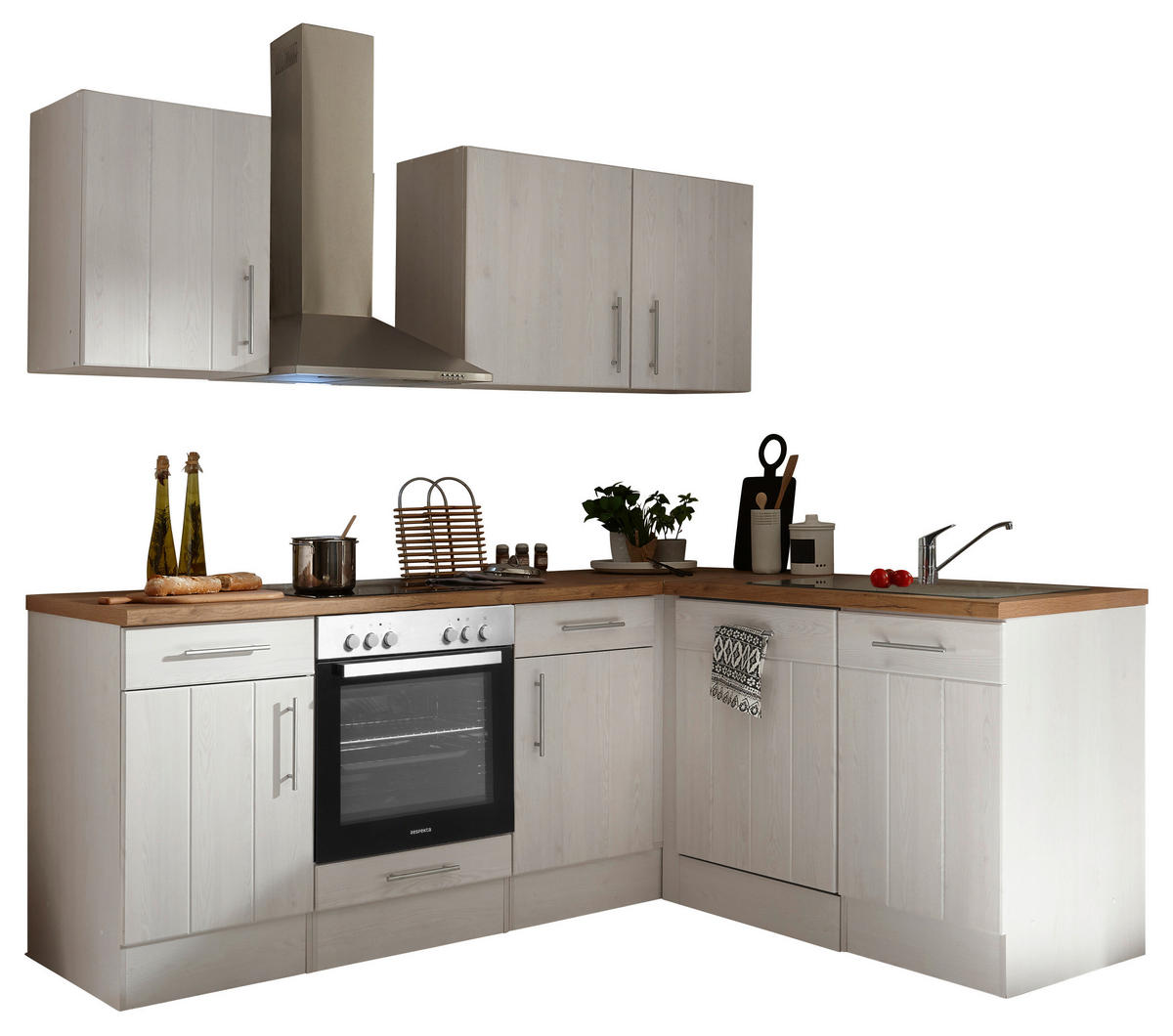 Eckküche Anton Landhaus 220/172 cm  in Weiß, Lärchefarben  - Wildeiche/Edelstahlfarben, Basics, Holzwerkstoff/Metall (220/172cm) - Respekta