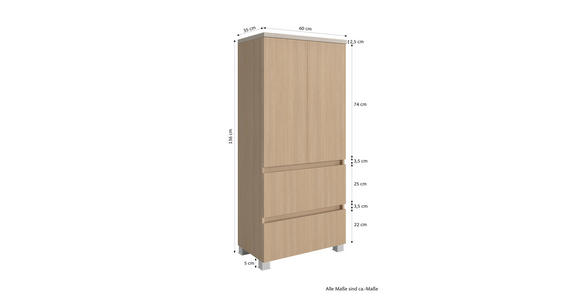 MIDISCHRANK 60/131/35 cm  - Sandfarben/Eichefarben, KONVENTIONELL, Holzwerkstoff/Kunststoff (60/131/35cm) - Xora