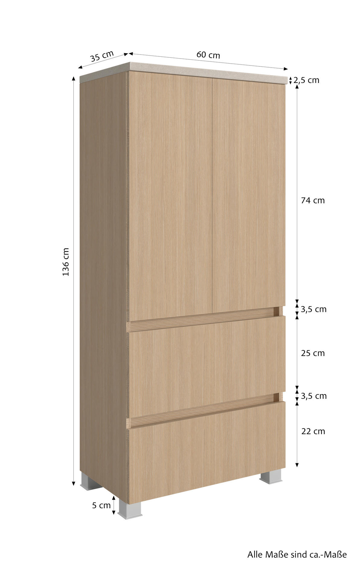 MIDISCHRANK 60/131/35 cm  - Sandfarben/Eichefarben, KONVENTIONELL, Holzwerkstoff/Kunststoff (60/131/35cm) - Xora