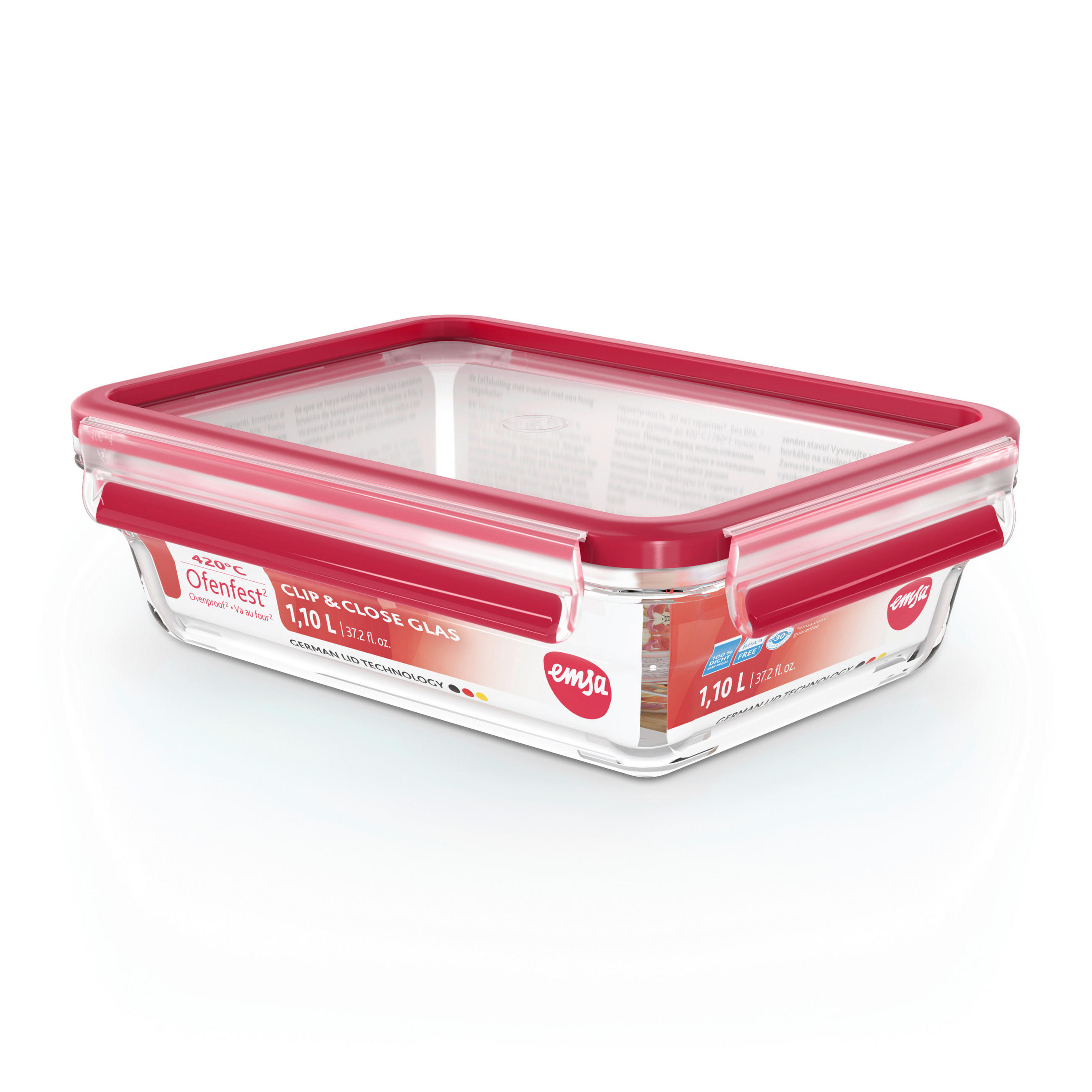 FRISCHHALTEDOSE CLIP & CLOSE GLAS 1,1 L  - Rot, Basics, Glas/Kunststoff (22,6/16,7/7cm) - Emsa