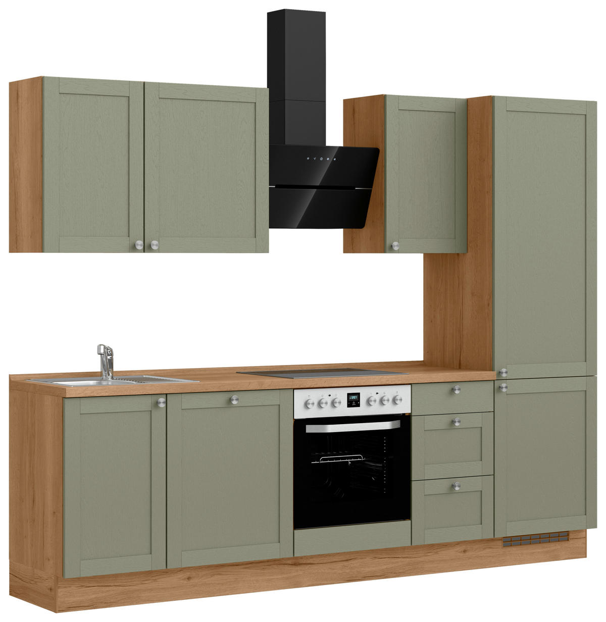 KÜCHENBLOCK Frame 270 cm  in Eichefarben, Olivgrün  - Edelstahlfarben/Eichefarben, MODERN, Holzwerkstoff/Metall (270cm) - Nobilia